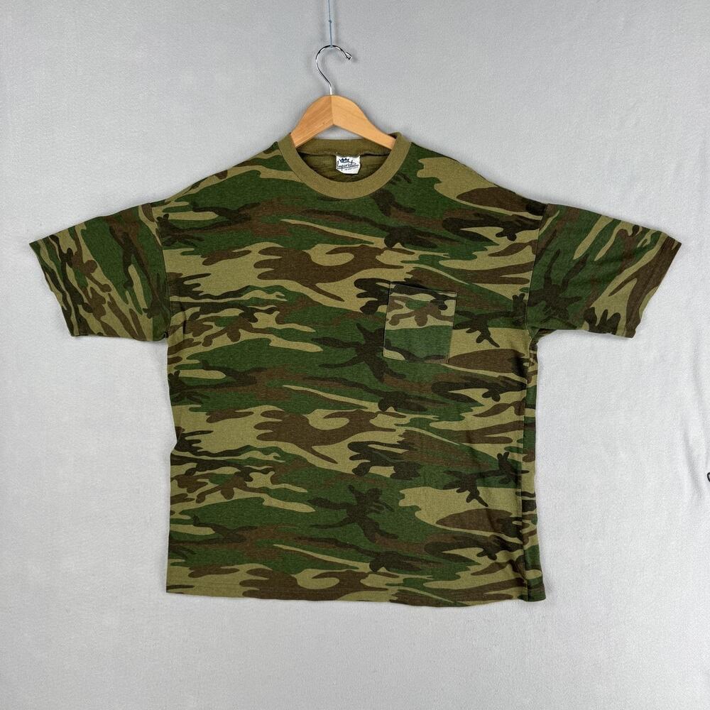 Vintage Imperial Camo Shirt Mens Medium Green Tiger Stripe Pocket Tee Hunting